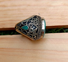 Signet ring- Afghan turquoise ring- Green onyx Stone ring.Tribal Gypsy Ring. Bohemian Jewelry. Turquoise Rings.Hand carved Rings.