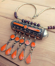Orange coral necklace- Fall trends - silver jewelry- Afghan coral necklace- Vintage amulet necklace- Bohemian ethnic jewelry