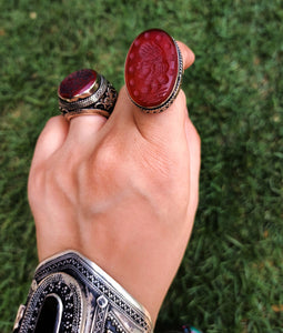 Huge Ottoman Antique Maroon Aqeeq Seal intaglio Ring -Stamp Stone Silver Ring- Agate Signet ring- Maharaja ring-Seal stamp ring- Islamic art