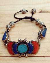 Beaded Turquoise Coral and Lapis bracelet- Tibetan Silver bracelet-Orange coral and turquoise jewelry