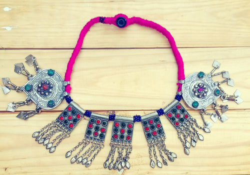 Antique large Islamic Central Asian tribal silver amulet and talisman chain necklace-Afghan tribal necklace- boho pink necklace