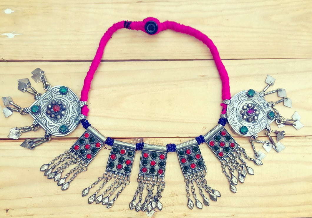 Antique large Islamic Central Asian tribal silver amulet and talisman chain necklace-Afghan tribal necklace- boho pink necklace
