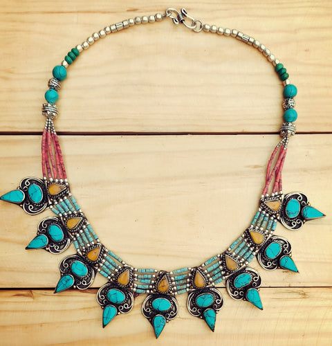 Turquoise statement necklace- Tibetan Necklace- bohemian necklace- nepali jewelry- turquoise jewelry- Turquoise necklace