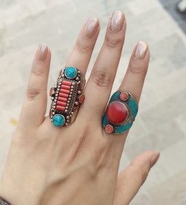 Turquoise cocktail ring- Turquoise saddle Ring. Tibetan ring.Nepali Ring.Nepal jewelry.Mystic jewelry.Gypsy jewelry.Silver stone ring