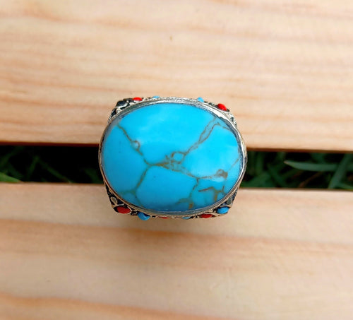 FREE Shipping Large Turquoise Ring  Afghan Souvenir Jewelry- Afghan Vintage Tribal Jewelry Ring in High Grade Silver and Turquoise Stone