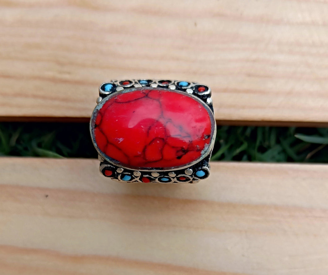 Gorgeous Antique Turnkmen Ring- Turquoise ring- Statement jewelry- Red Coral ring- Antique afghan ring- Bedouin jewelry- boho turquoise ring
