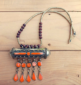 Orange coral necklace- Fall trends - silver jewelry- Afghan coral necklace- Vintage amulet necklace- Bohemian ethnic jewelry