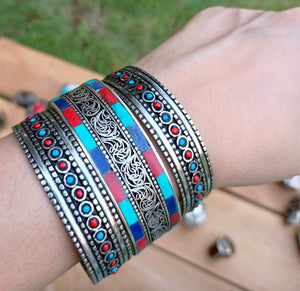 Tibetan bracelet- Nepali cuff bracelet- Turquoise bangle- amulet open cuff bangle- Three stone black carnelian cuff bracelet- Nepali jewelry