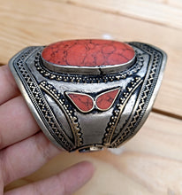 Cuff bracelet-  Kuchi Tribal Coral Stone Cuff Bracelet,Turkmen Afghan Ethnic Jewelry,Metal Work,Antique,German Silver- Turquoise