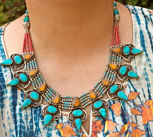 Turquoise statement necklace- Tibetan Necklace- bohemian necklace- nepali jewelry- turquoise jewelry- Turquoise necklace