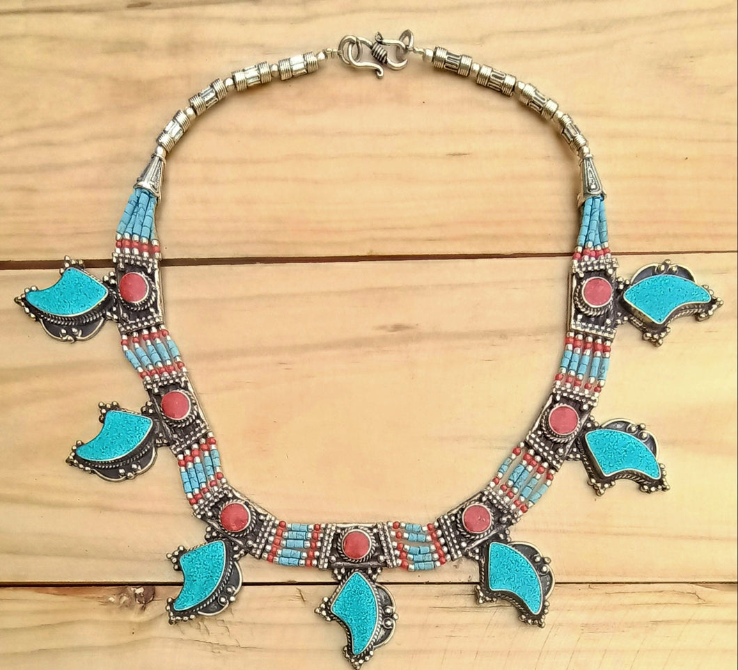 Statement  turquoise necklace- Turquoise beaded necklace- Statement necklace- Bohemian turquoise jewelry- Nepali turquoise necklace-