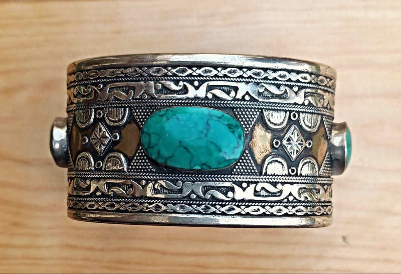 One of a Kind Brown Leather Oval Tibetan Turquoise Bracelet
