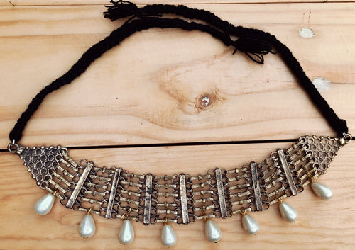 Pearl necklace- Afghan necklace- Vintage necklace- Onyx beaded necklace- Tribal necklace- Kuchi necklace- Boho necklace- Statement necklace