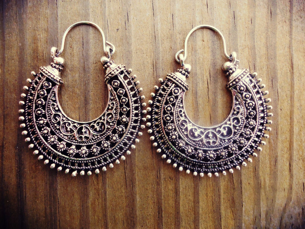 Hoop earrings- moon earrings- Antique Moon Earrings -Tribal Jewelry.Tribal Jewelry Hoop Earrings.Turkmen Tribal Jewelry Ornate Hoop Earrings