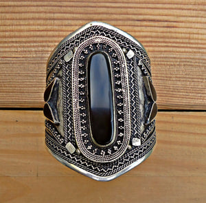 Black Aqeeq Silver Cuff bracelet - Statement jewelry- Carnelian cuff bracelet- Afghan cuff bracelet- Afghan jewelry